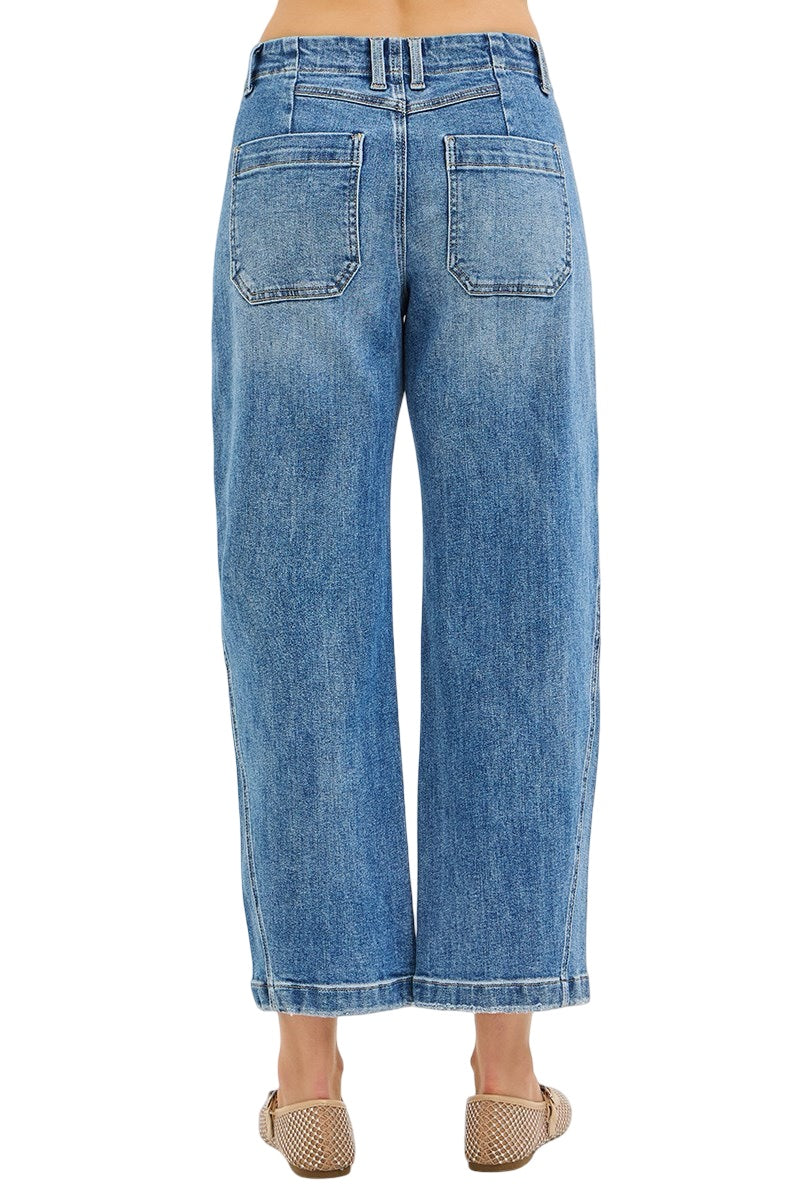 Risen Slouchy Crop Barrel Twist Seams Button Down Jeans in Medium Wash