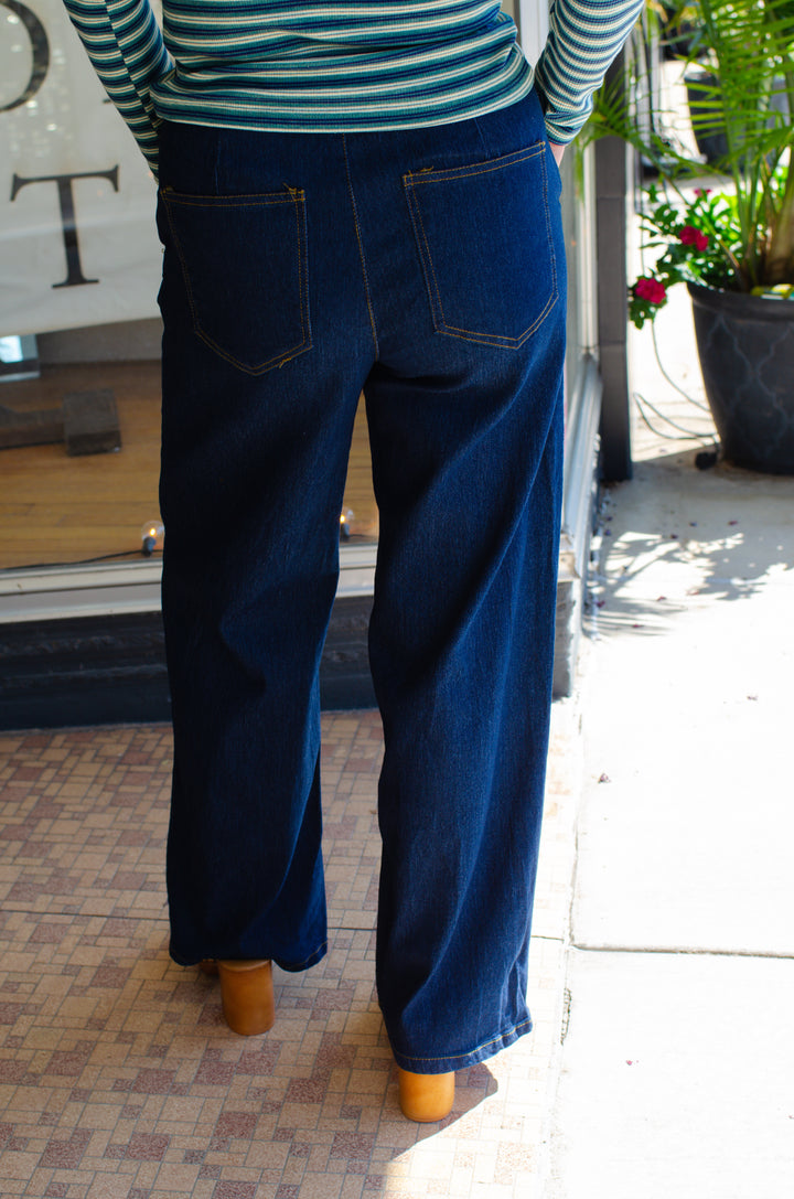 Denim Dreamer Wide Leg Seam Front Dark Denim Pants