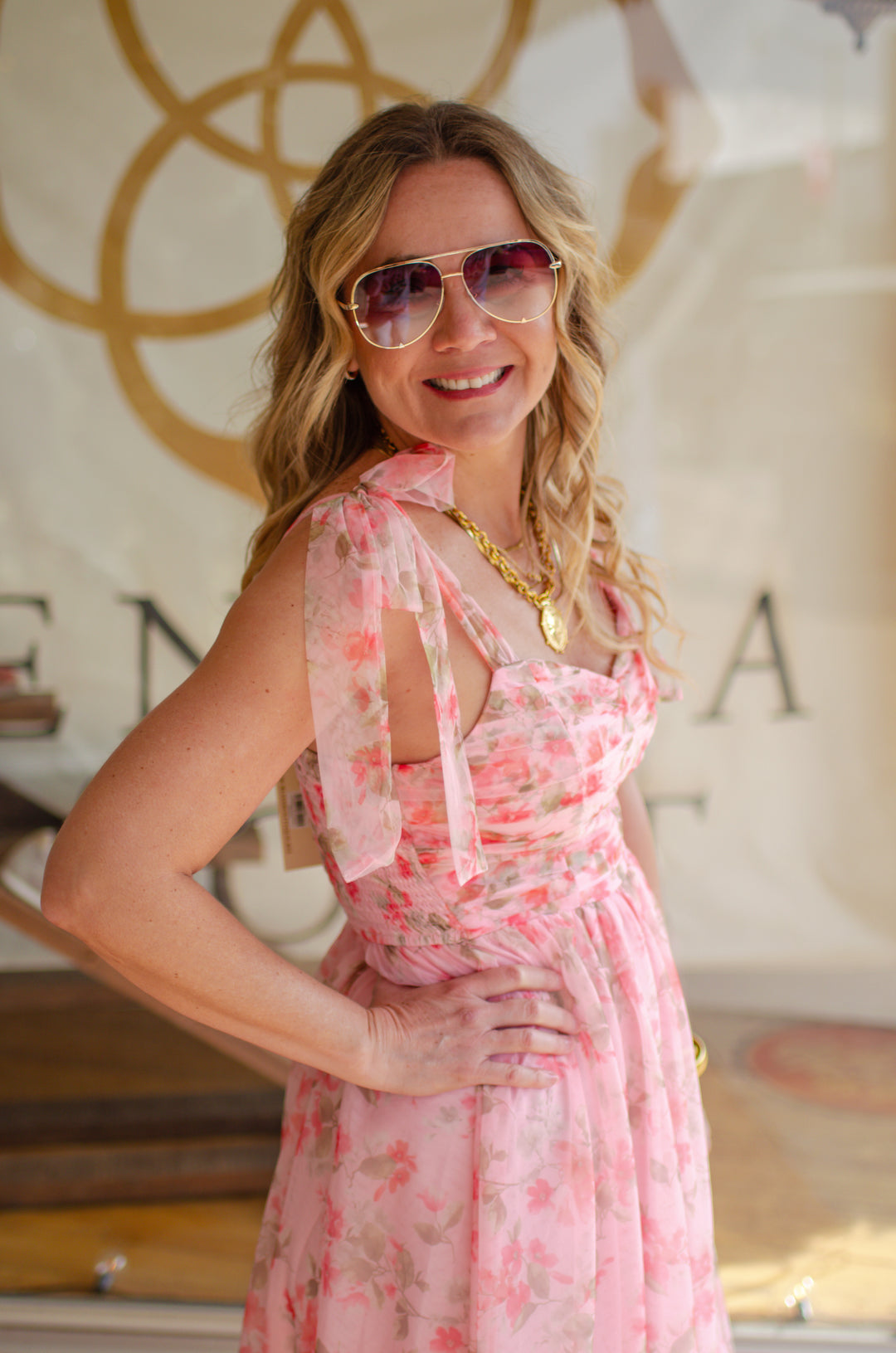 Stunning Moment Pink Floral Tull Tie Shoulder Midi Dress