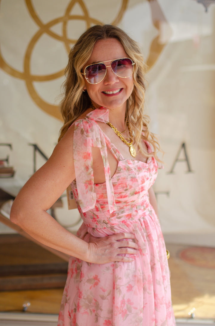 Stunning Moment Pink Floral Tull Tie Shoulder Midi Dress