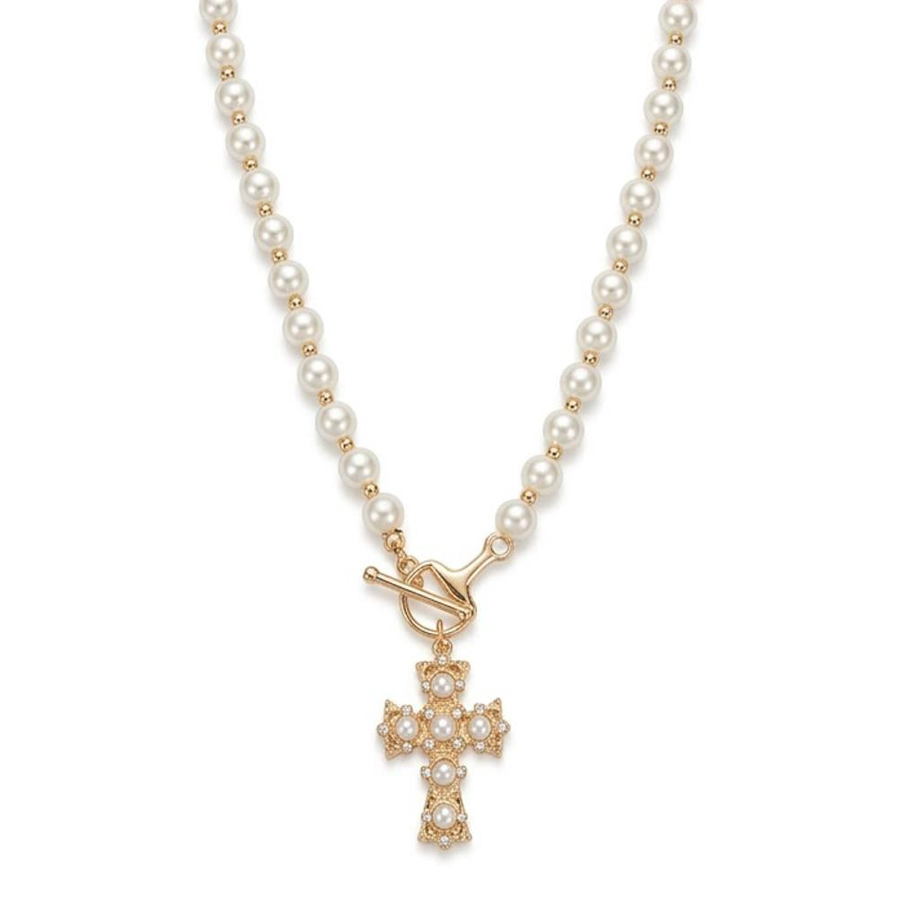 Pearl Chain Gold Cross Pendant Necklace