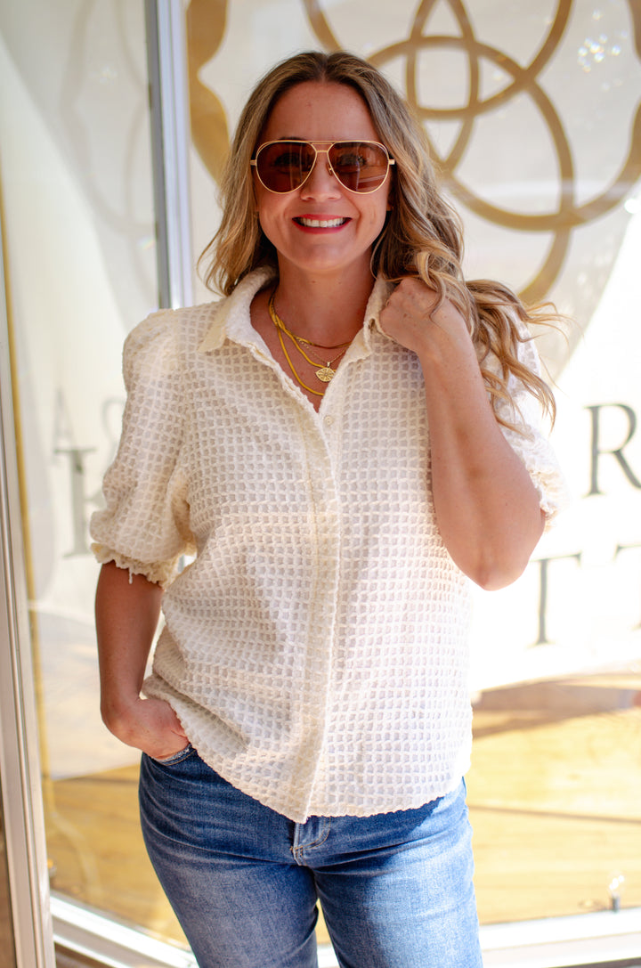 Moment in Time Collared Neck Puff Sleeve Button Down Top in Cream