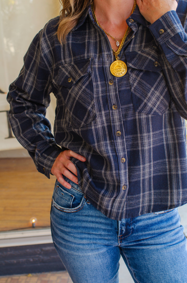 Bonfire Plaid Button Down Flannel in Navy/Grey Mix