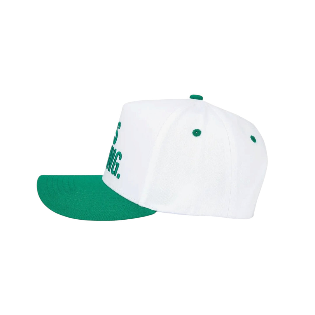 He's Golfing Embroidered Two-Tone Trucker Hat in Green
