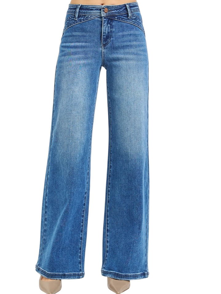 Risen High Rise Wide Leg Waist Detail Jeans in Dark Wash