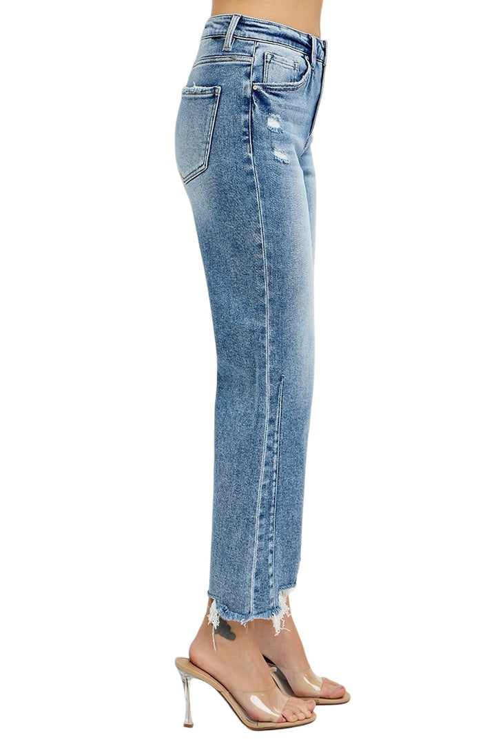 Risen High Rise Crop Straight Distressed hem jeans in medium wash