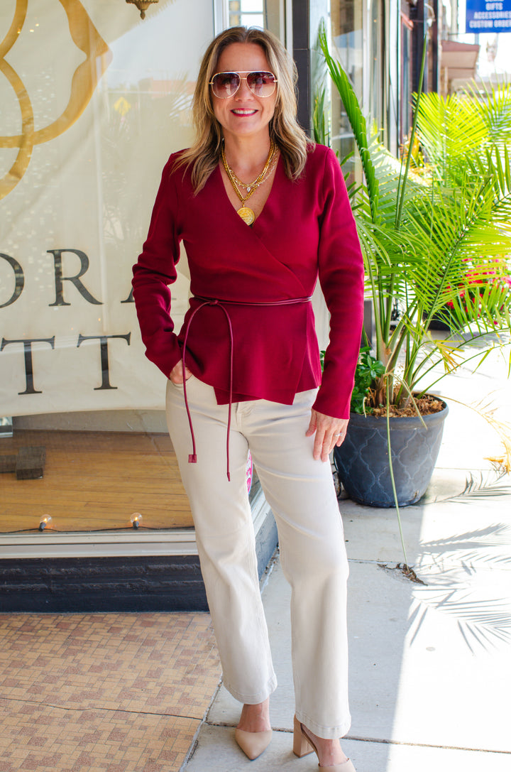 Wrapped Up in You Knit Belted Cardigan in Burgundy