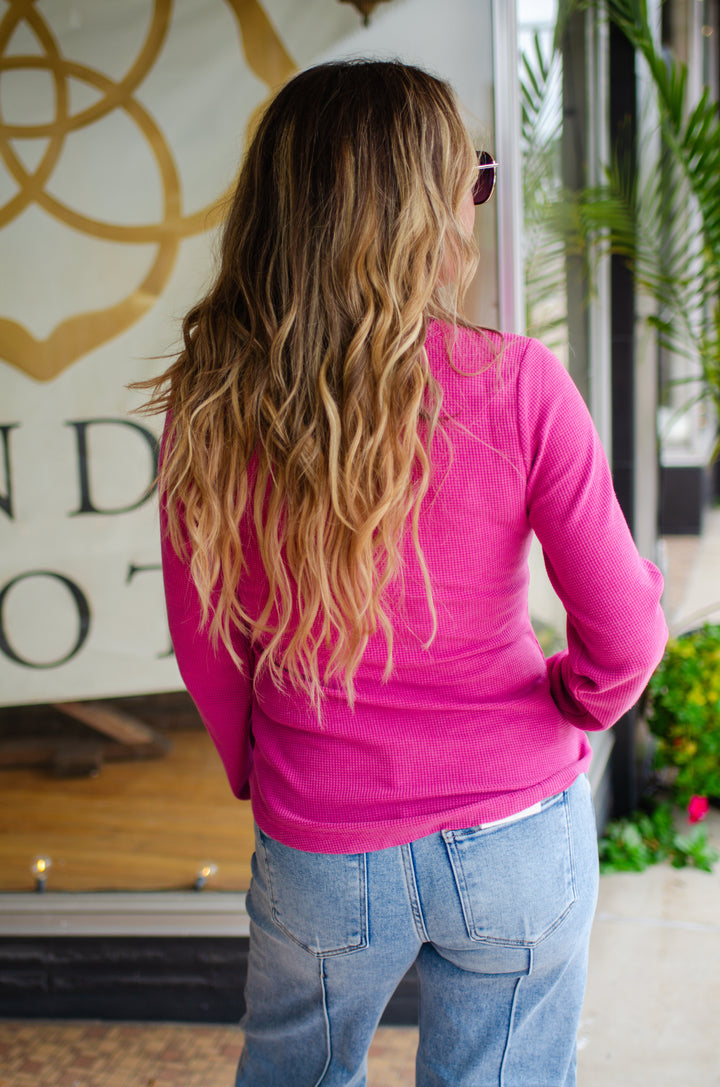 Brighten Your Day Washed Waffle Knit Pink Long Sleeve Top