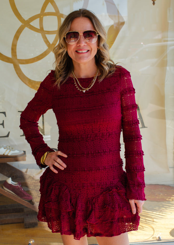 Spin Me Around Burgundy Lace Long Sleeve Dress