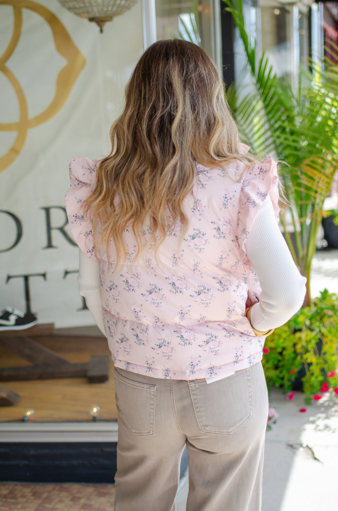 Fancy Floral Puffer Vest with Ruffle Detail in Pink