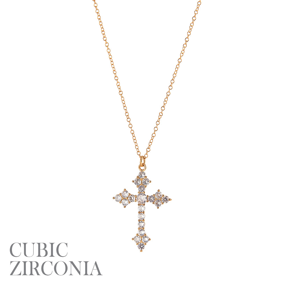 Gold CZ Cross Rhinestone Necklace