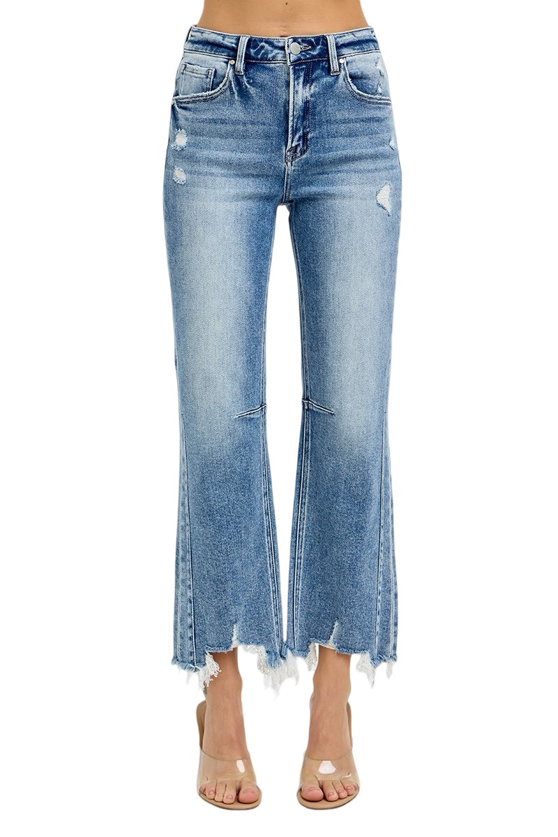 Risen High Rise Crop Straight Distressed hem jeans in medium wash