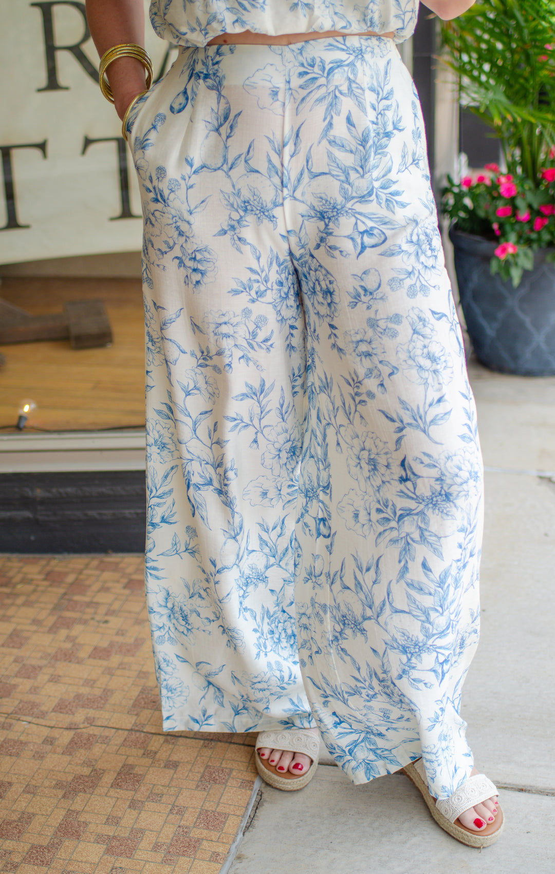 Capri Sunset Blue Toile Floral High Rise Wide Leg Pant