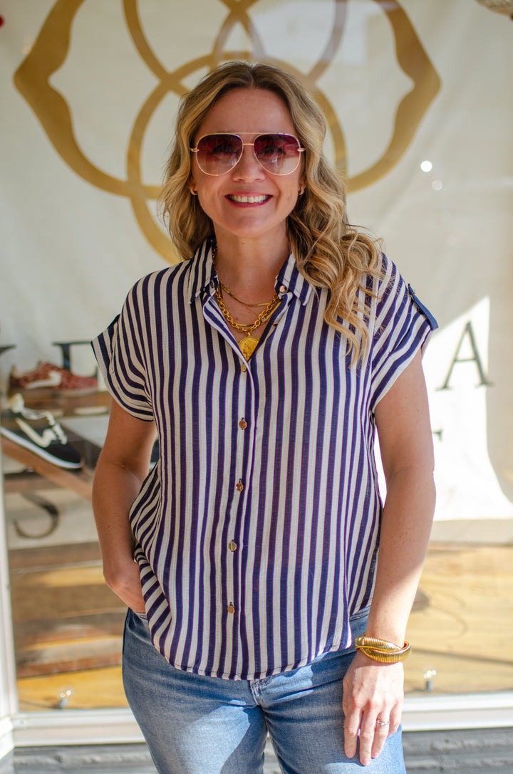 Make Your Way Navy Stripe Button Down Top