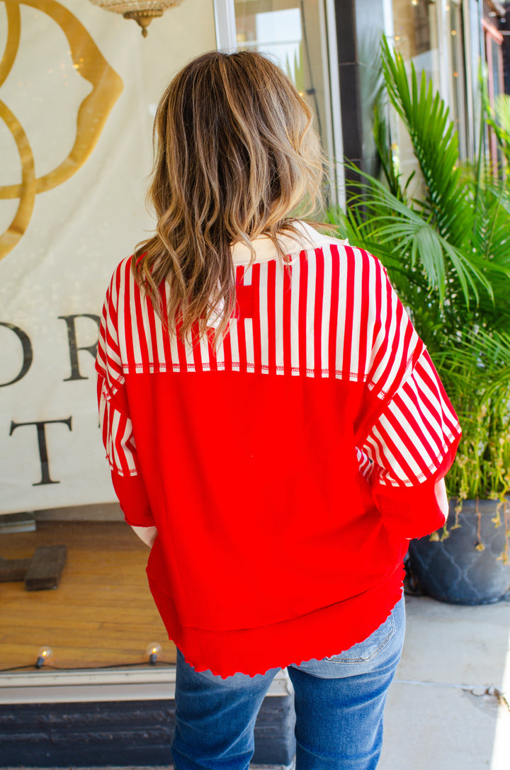 Bold Babe Stripe Trim V-Neck Oversized Top in Red