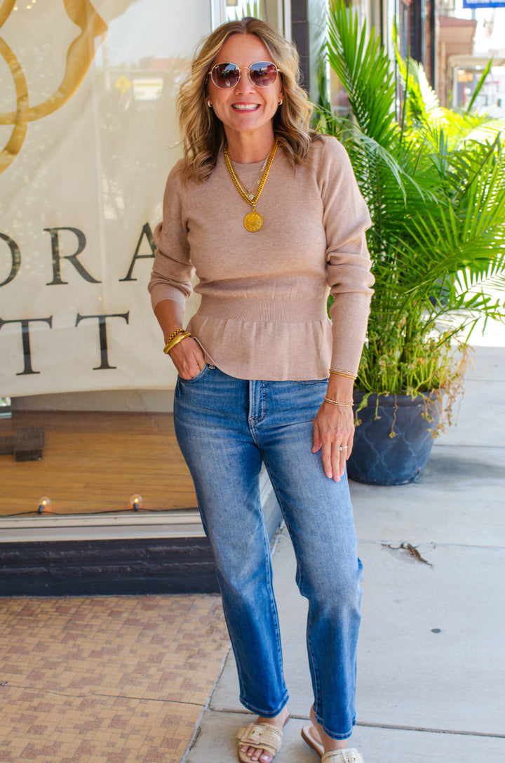 Hold Me Close Fitted Peplum Sweater in Oatmeal