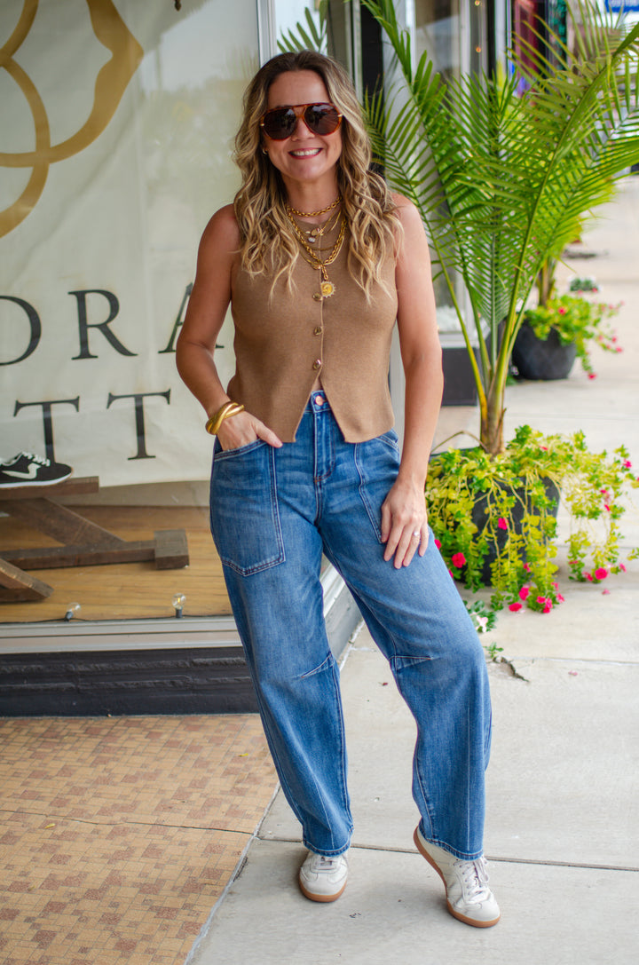 Classic Style Button Down Top in Dark Taupe