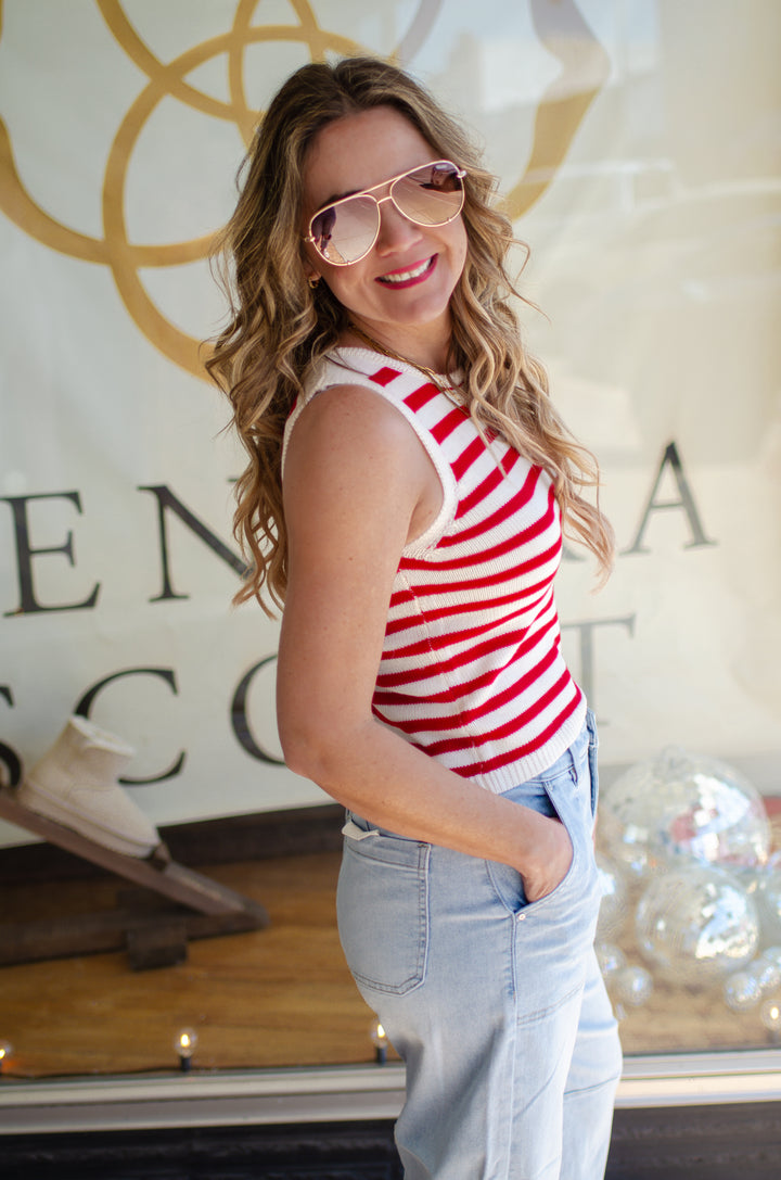 Nautical Moment Stripe Knit Sleeveless Tank in Red & Cream