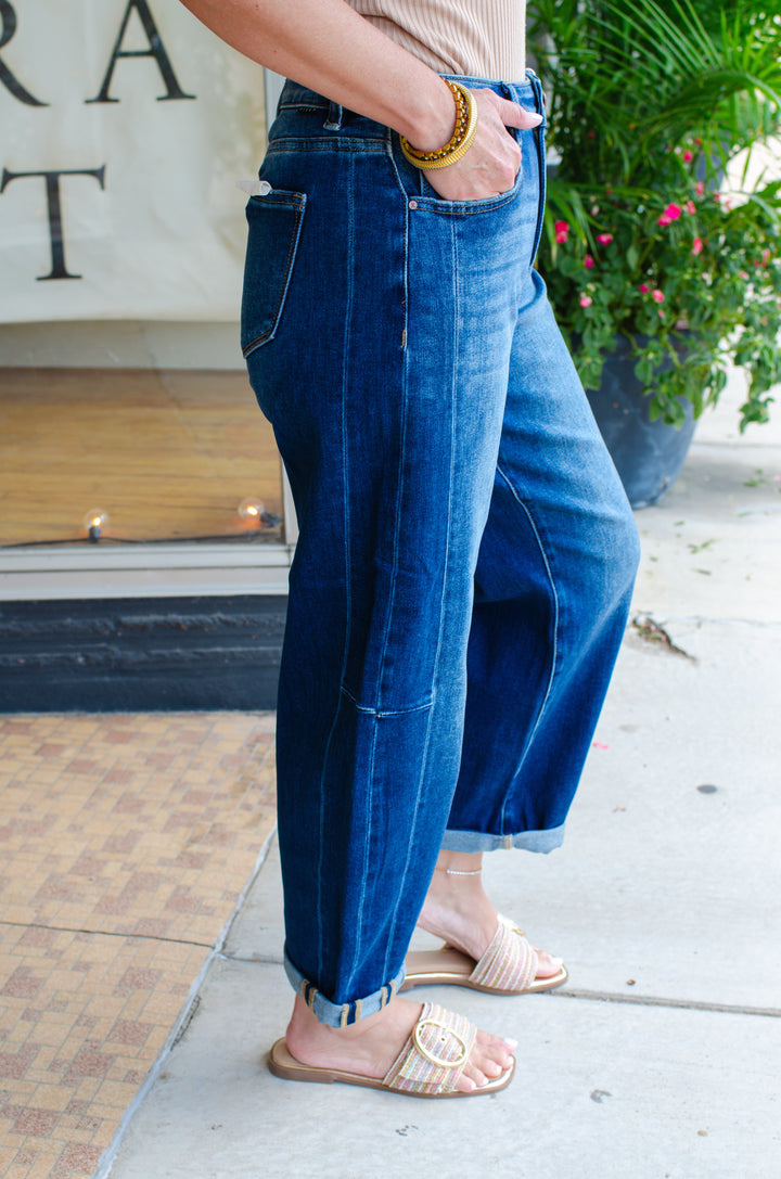 Risen High Rise Barrel Jeans in Dark Wash