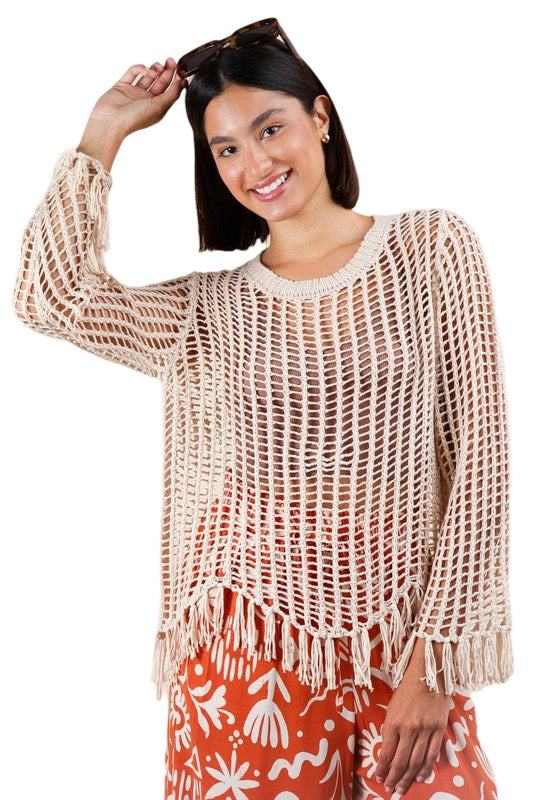 Feeling The Fringe Crochet Knit Long Sleeve Top in Natural