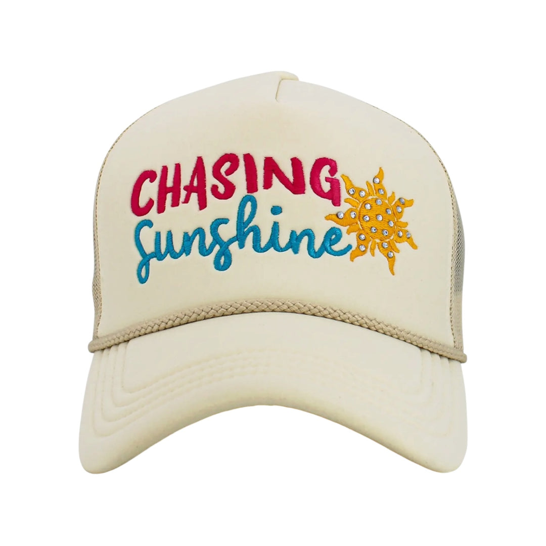 Chasing Sunshine Embroidered Mesh Foam Trucker Hat in Stone