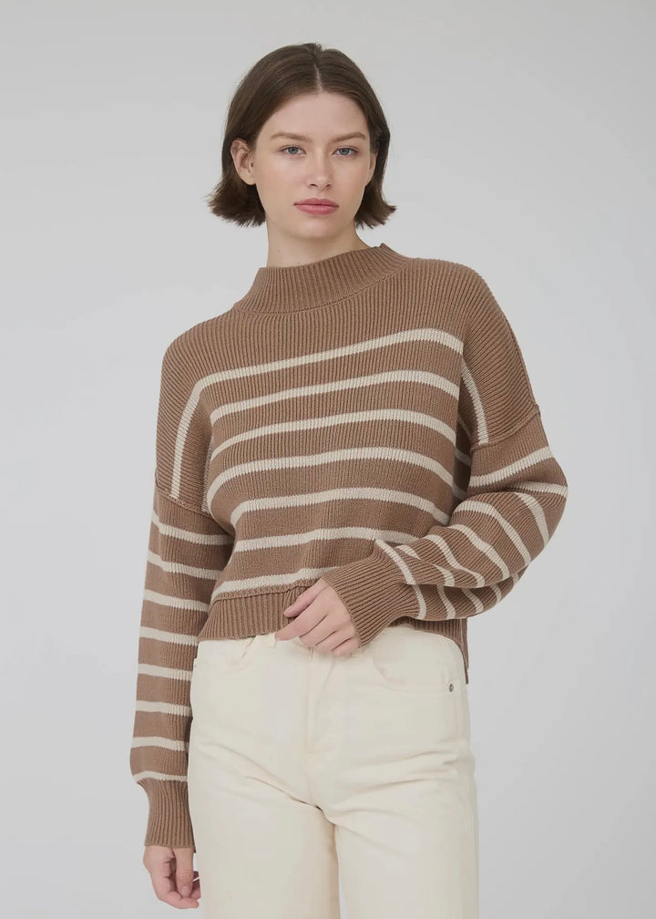 Cafe Latte Stripe Mock Neckline Long Sleeve Sweater in Cocoa