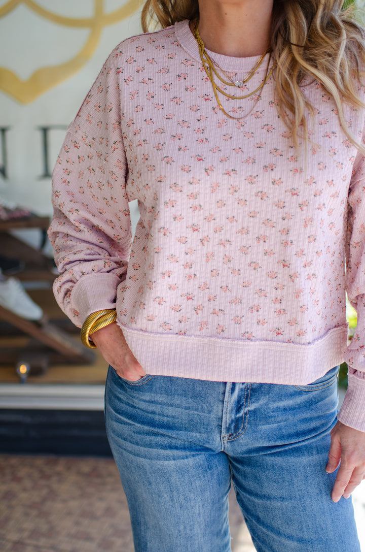 Fall Bouquet Floral Round Neckline Long Sleeve Top in Pink