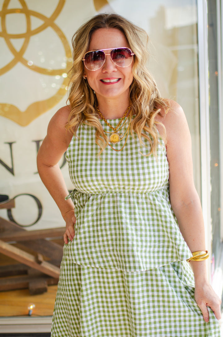 Spring Stroll Gingham Sleeveless Side Tie Babydoll Top in Green