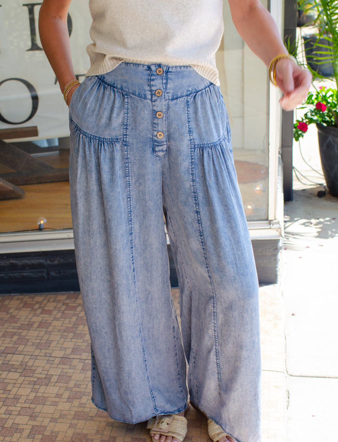 Make A Way Indigo Shirred Wide leg Chambray Pants