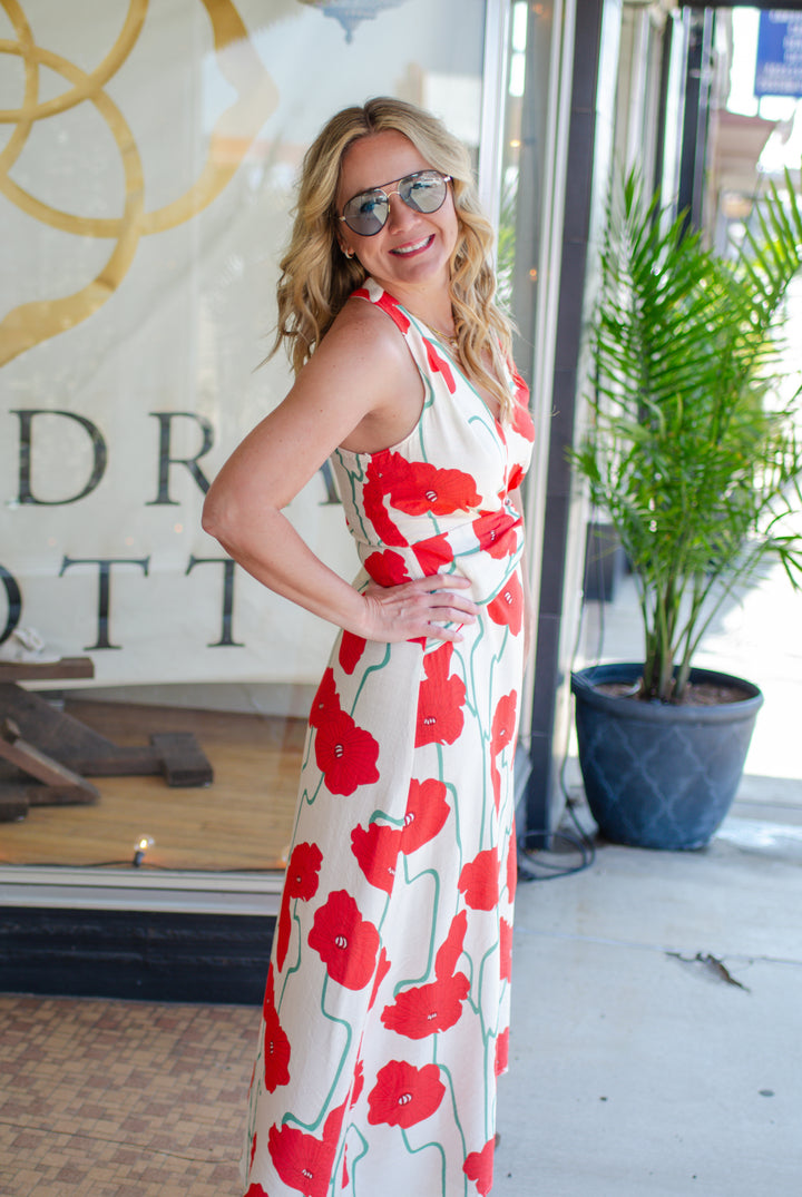 Simply Adored Coral Poppy Floral Halter Maxi Dress