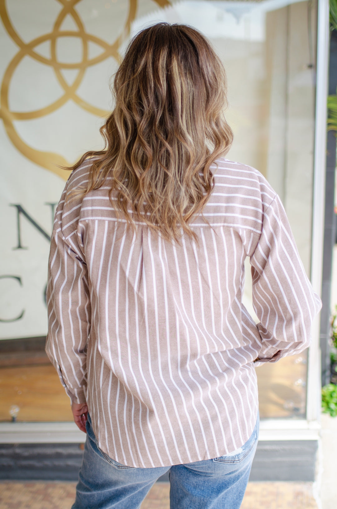 Fall Classic Stripe Button Down Boyfriend Top in Mocha