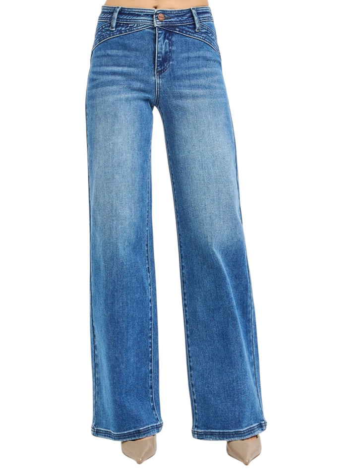 Risen High Rise Wide Leg Waist Detail Jeans in Dark Wash
