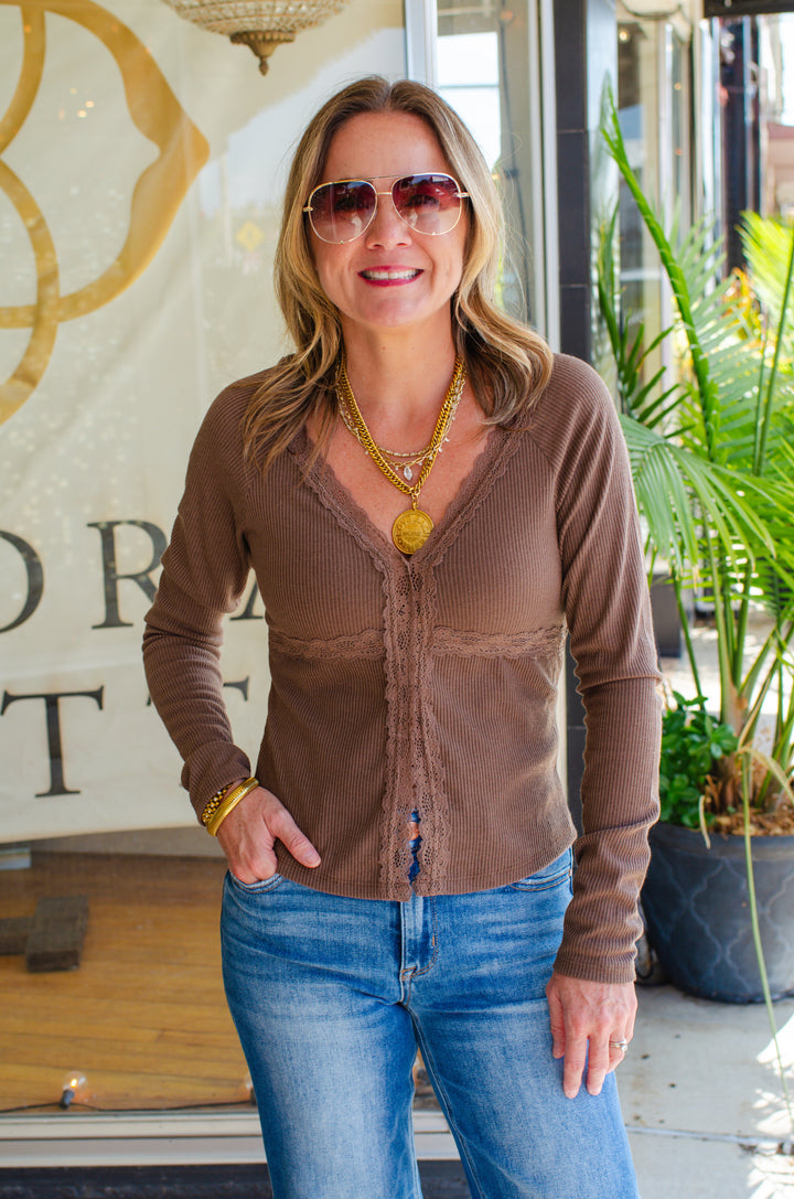 Made Your Day Lace Open Front V-Neck Top in Brown