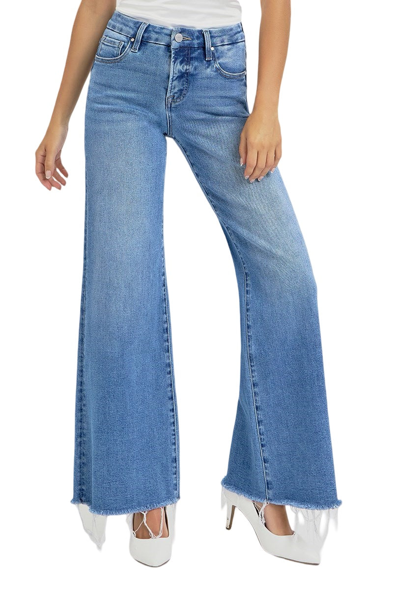 Risen Mid Rise Tummy Control Wide Leg Jeans in Medium Wash