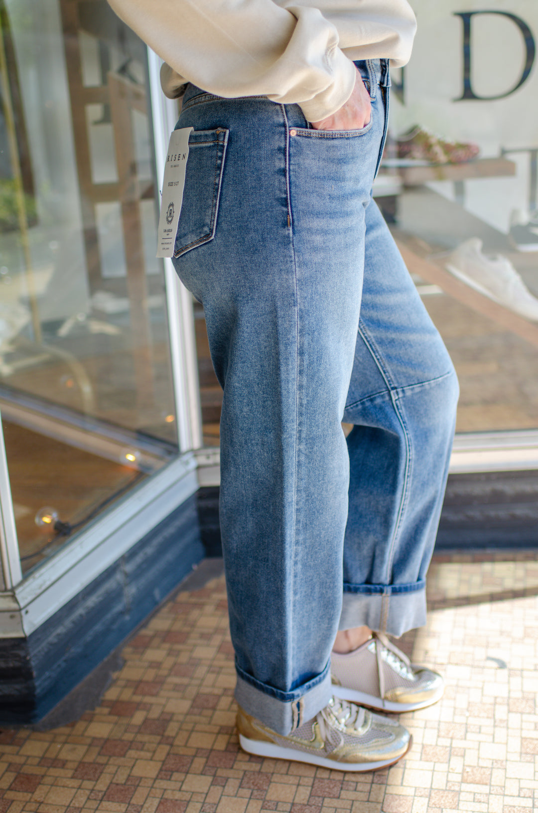 Risen Slouchy Crop Barrel Cuffed Jeans in Medium Wash