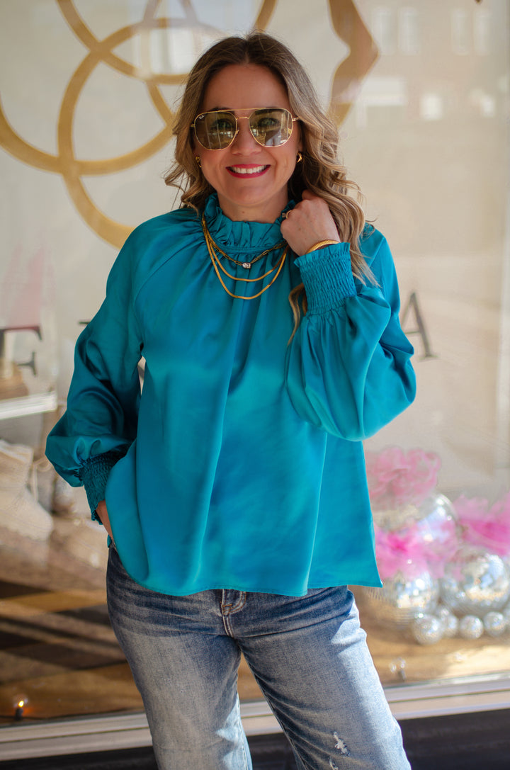 Date Night Ruffled High Neck Silky Blouse in Teal