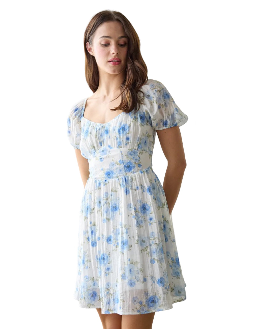 Tea Time Floral Corset Top Tie Back Dress in Blue