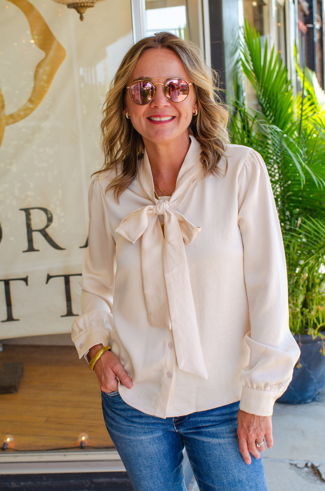 Your My Beau Tie Front Silky Long Sleeve Top in Champagne