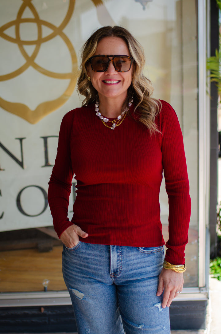 Come Back To Me Burgundy Stretch Round Neckline Long Sleeve Top