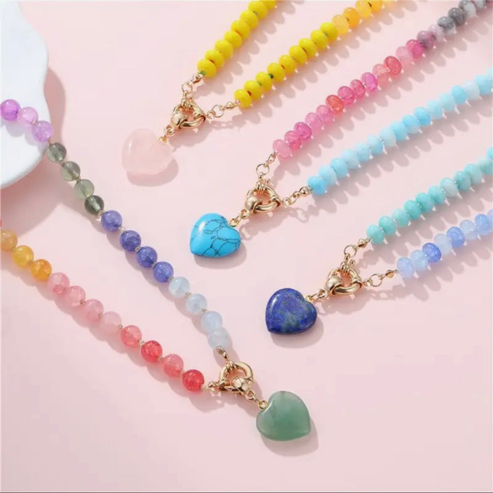 Natural Stone Heart Charm Semi Precious Glass Necklace in Turquoise