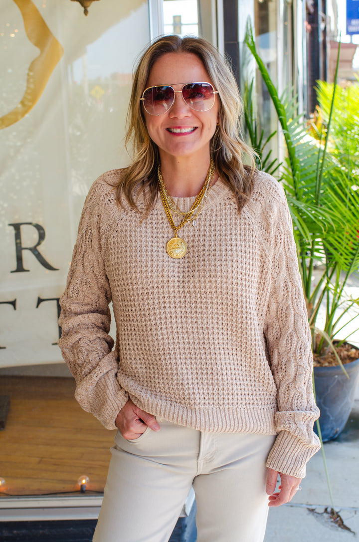 Warm Embrace Soft Chenille Cable Knit Sweater in Camel