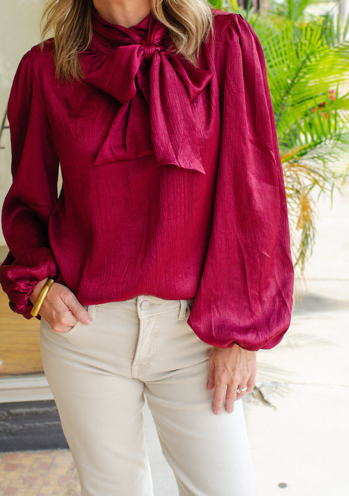 True Heart Bow Neckline Textured Satin Long Sleeve Blouse in Burgundy