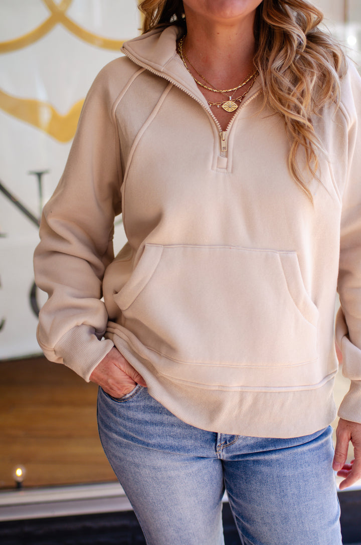 Cozy Everyday Half Zip Long Sleeve Knit Top with Pockets in Cream