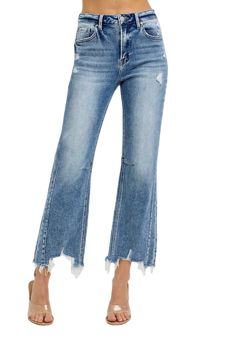 Risen High Rise Crop Straight Distressed hem jeans in medium wash