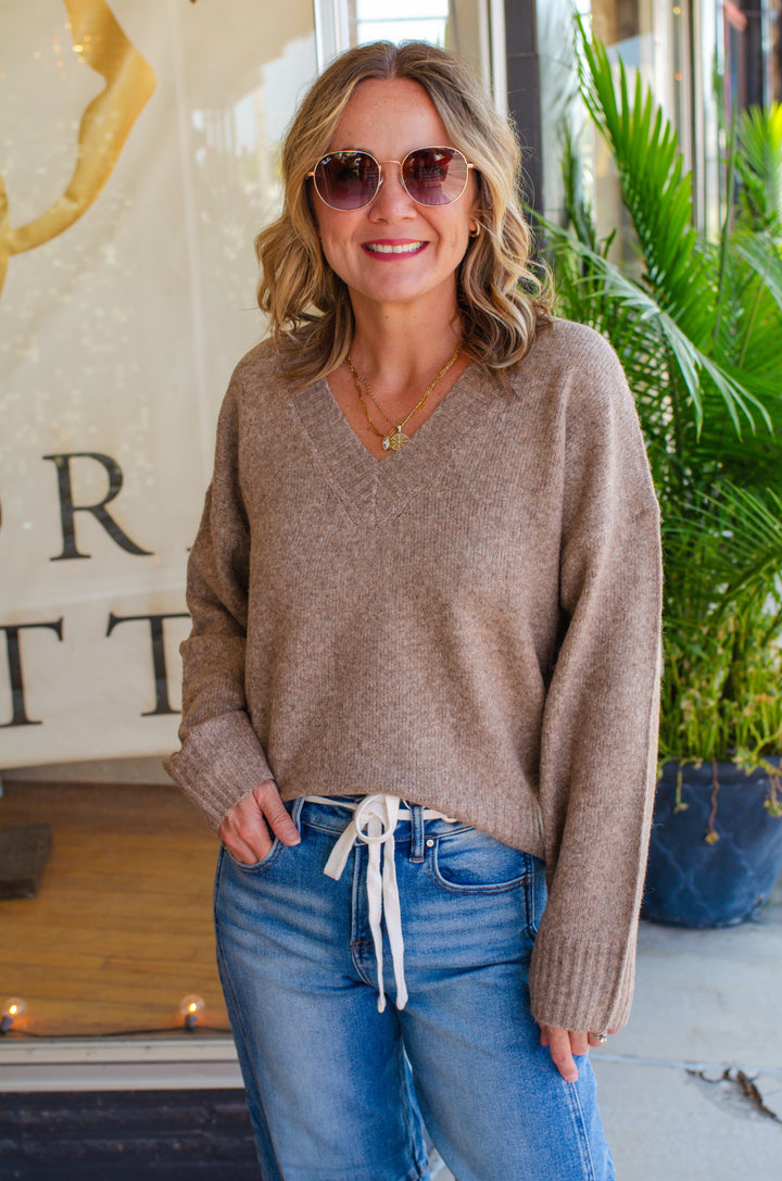 Cozy Fall V-Neck Soft Knit Sweater in Brown