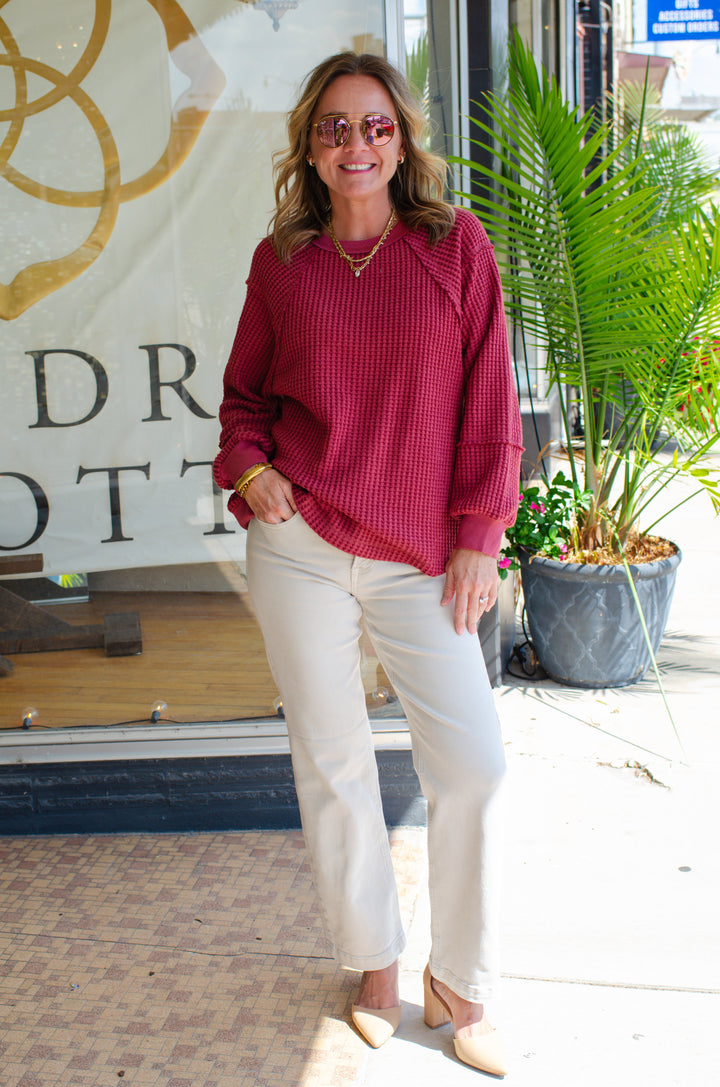 Warm Wished Waffle Long Sleeve Top in Burgundy