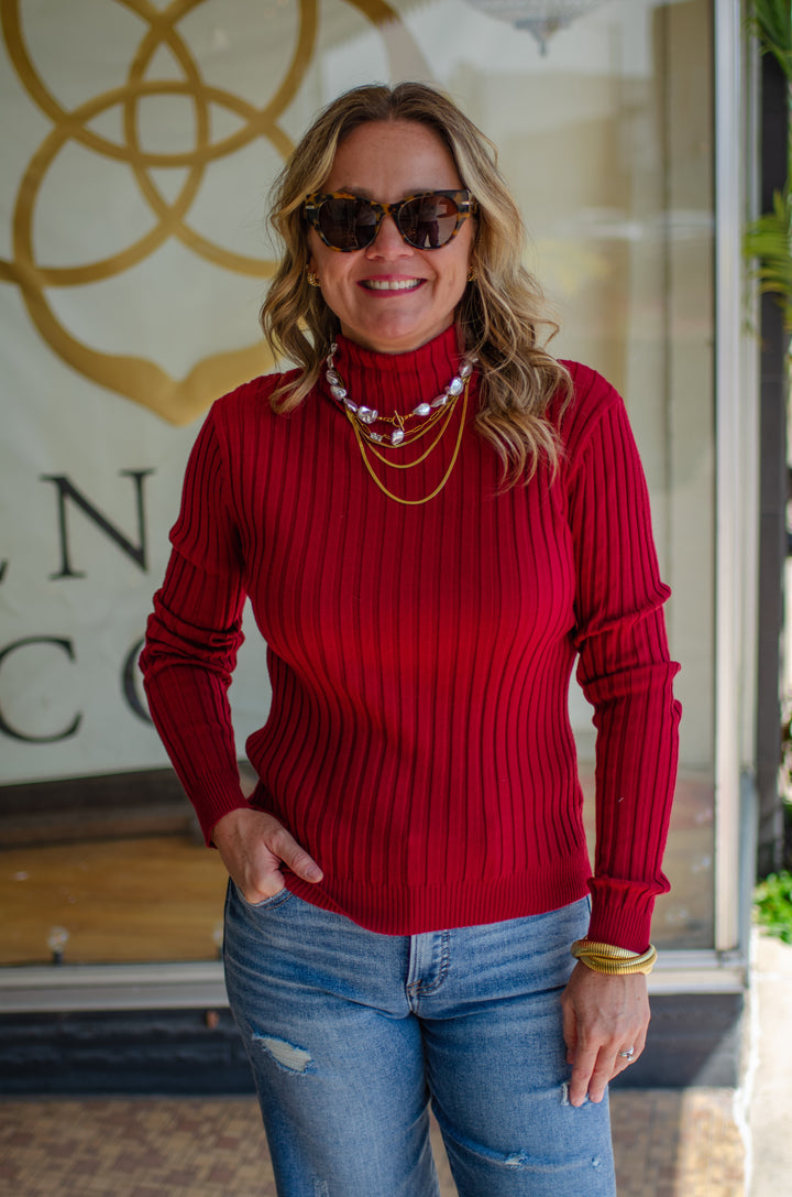 Fall Staple Mock Neck Ribbed Long Sleeve Top in Burgundy