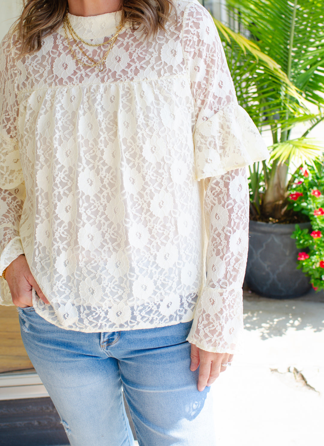Bell of The Ball Lace Floral Ruffle Sleeve Blouse in Cream