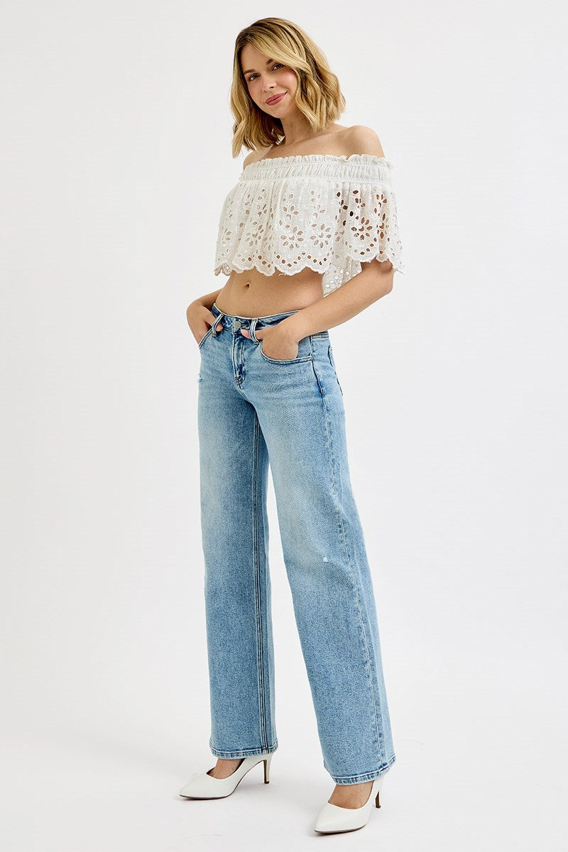 Risen Low Rise Wide Leg Jeans in Medium Wash