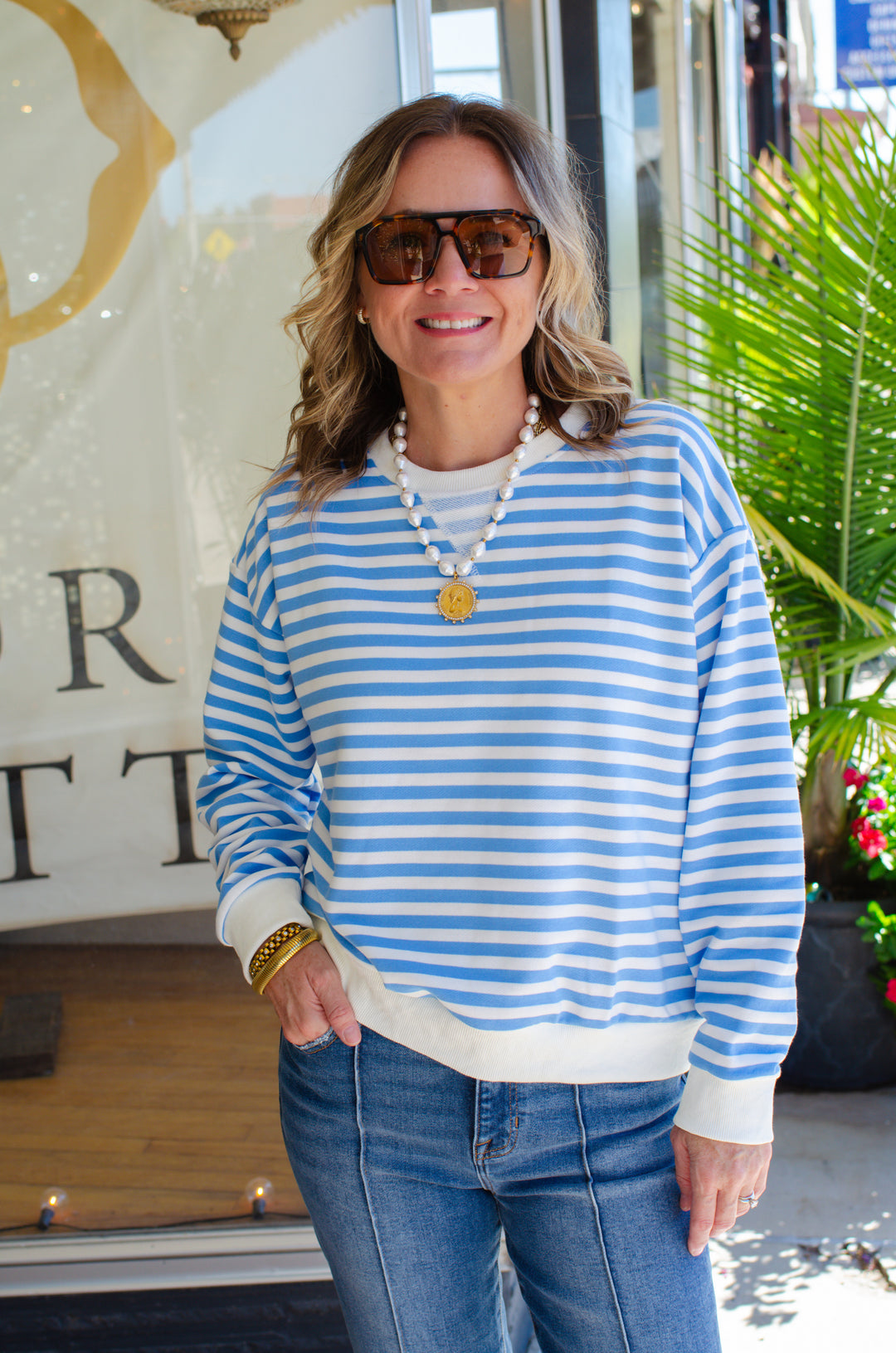 Cozy Casual Stripe Sweatshirt in Cream & Blue